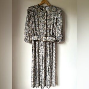 Vintage Lady Carol of New York Green Floral Pleated Midi Secretary Dress Size 14